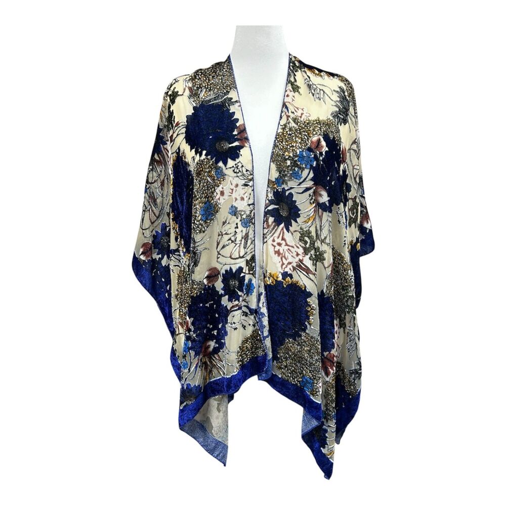 Blue Floral Velvet Burnout Open Front Kimono Boho Coastal Whimsy